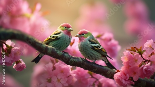 A pair of finches flitting through a garden, their emerald green plumage contrasting against the delicate pink of cherry blossoms. © Sajawal