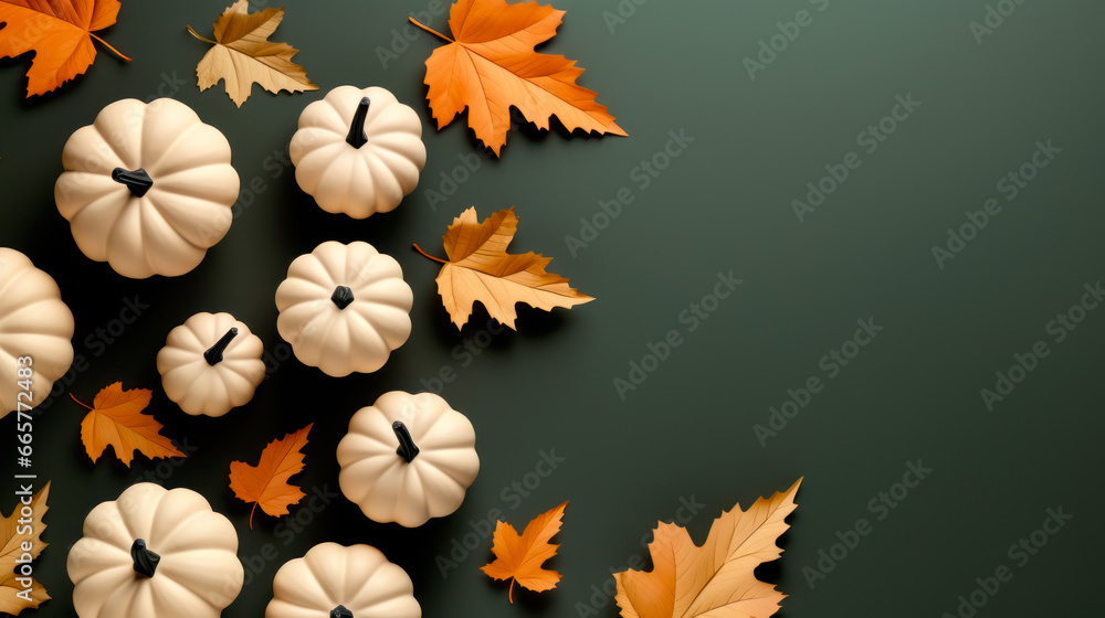 Fototapeta premium A bunch of pumpkins and leaves in the style of minimalist. Template for Happy Halloween banner with autumn elements