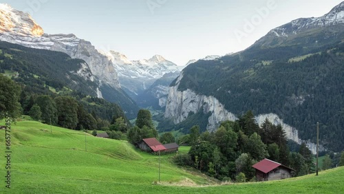 Lauterbrunnen valley from Wengen mountain village with Jungfrau mountain during autumn in the evening at Bern, Switzerland