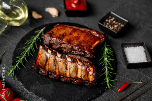 grilled pork ribs on stone background