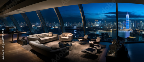 Modern luxury residence interior with panoramic night view 