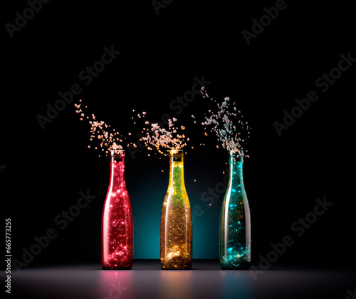 Set of sparkling magic potions bottles on black background. Concept of mana potion or elixir made by a wizard.