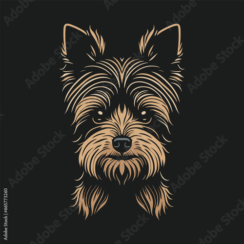 Illustration of yorkshire terrier head,  cute puppy, can be use as logo, isolated on black background