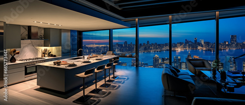 Modern luxury residence interior with panoramic night view 