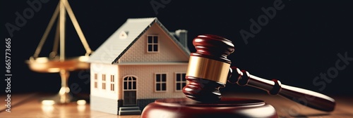 Real estate arbitration law. Gavel and house model. Banner photo