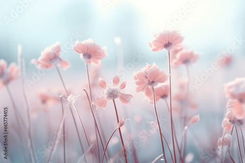 Pink flowers in the field on a winter day. Soft focus. Vintage toned image. Floral background.