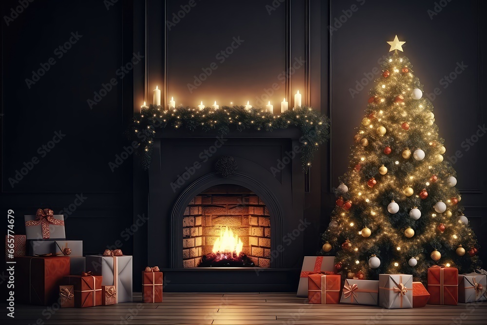 Beautifully Decorated Christmas Tree Near Cozy Fireplace Adorned With Lights - obrazy, fototapety, plakaty 