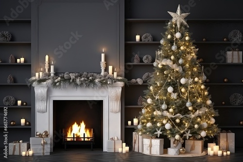 Beautifully Decorated Christmas Tree Near Cozy Fireplace Adorned With Lights