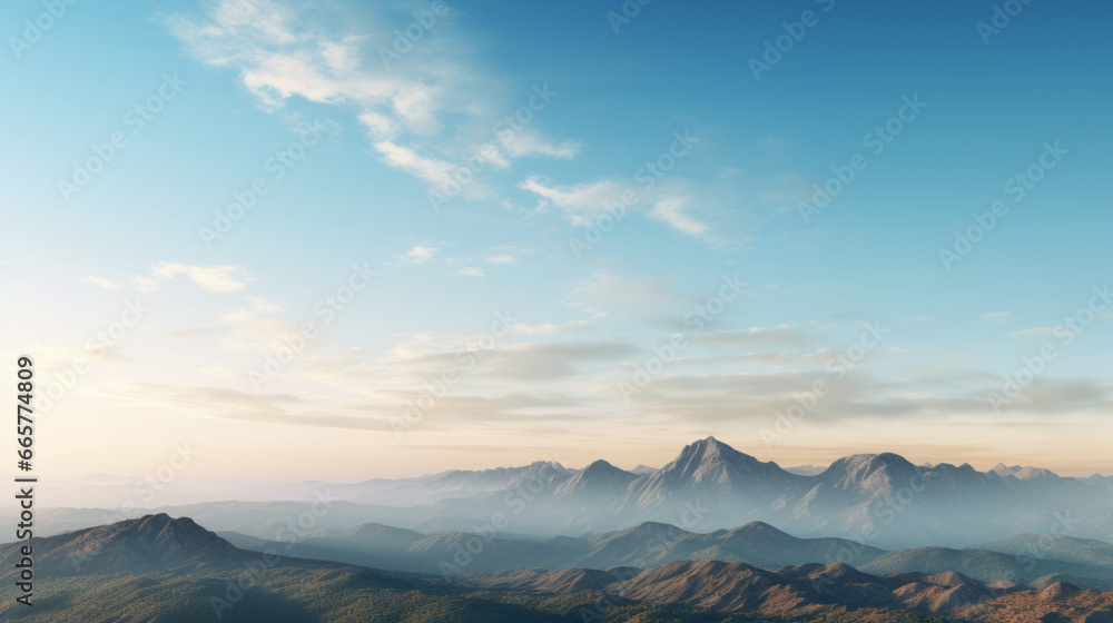 A mountain range, with peaks of various heights and shapes, looms on the horizon The sky is a brilliant, clear blue, and the sun is setting in the distance