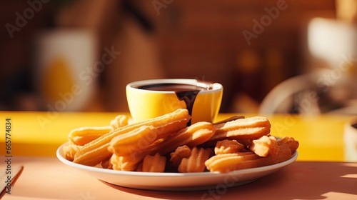 Churros and Chocolate Bliss - Spanish Breakfast Delights, Golden Pastries, and Melted Chocolate Indulgence