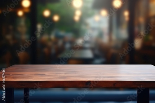 Blurred Background That Frames Dark Wood Table In Cafe