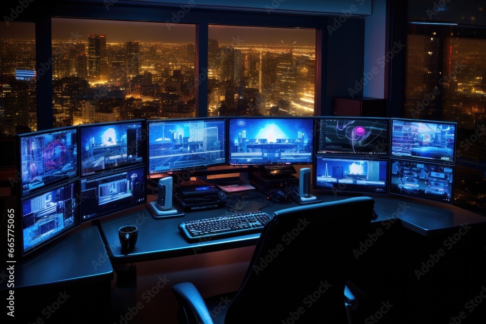 Multi monitor cybersecurity analyst workstation monitoring system with multiple screens Multi monitor cybersecurity analyst workstation monitoring system with multiple screens