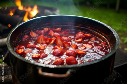 strawberry jam cooks in a huge cooking pot over  