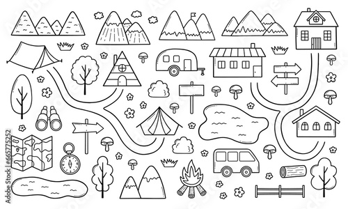 Kids camping map doodle. Village map with mountains, forest, roads, house, river, landscape in sketch style. Hand drawn vector illustration isolated on white background
