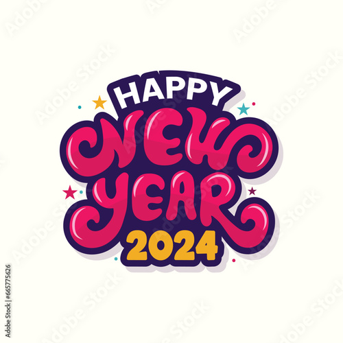 Colorful happy new year 2024 vector typography illustration. New year celebrating sticker, greeting card, poster, banner, template design. Happy new year modern lettering, calligraphy, text.