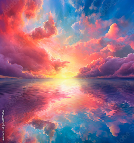 Spectacular view of a sunset at the sea. Illustration. Created with generative ai technology