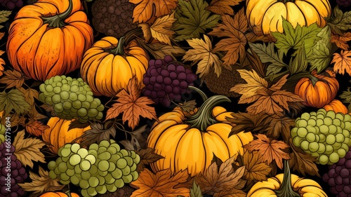 Thanksgiving decorative backgrounds with clipart elements that capture the essence of the holiday season, from turkeys to pumpkins, leaves, and more. SEAMLESS PATTERN. SEAMLESS WALLPAPER.
