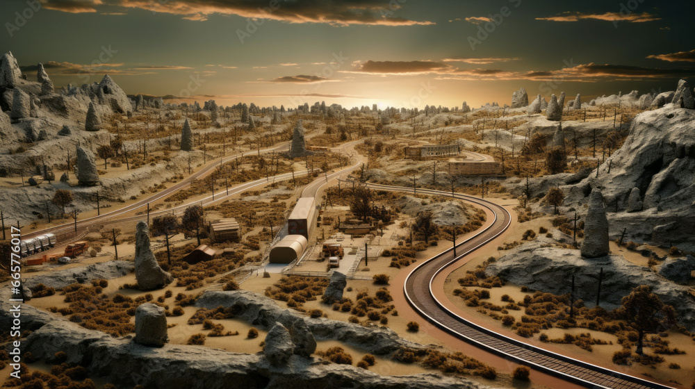 A model railroad, with the tracks winding through the landscape
