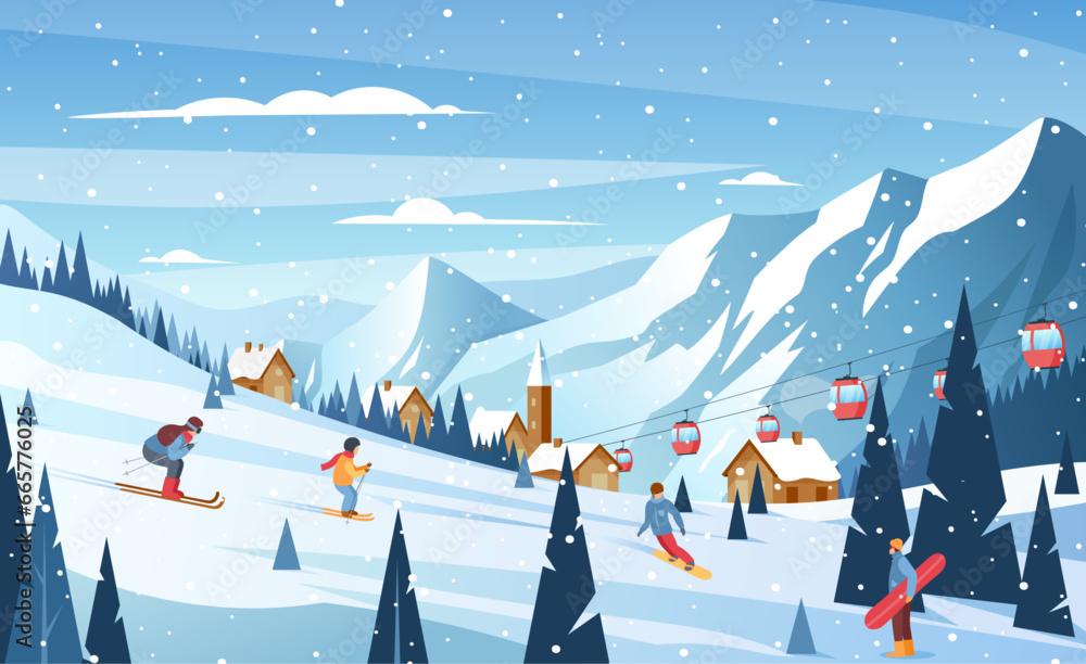 Winter mountain landscape.Vector illustration of ski resort with snowy hill, funicular, ski lift, skier, snowboard riders, field, forest.Outdoor holiday activity in Alps. Skiing and snowboarding sport - obrazy, fototapety, plakaty 