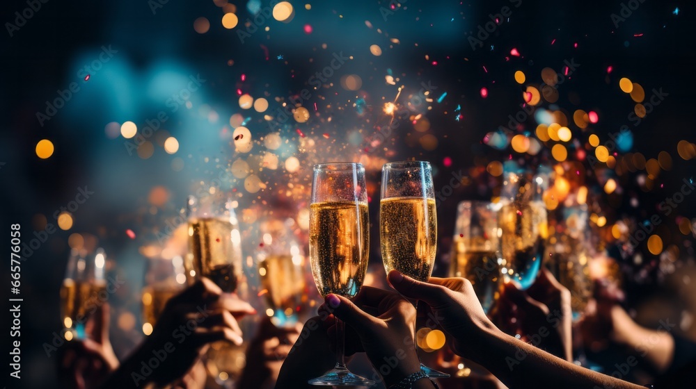Celebrating New Year's Eve with a jubilant crowd, dazzling fireworks, and clinking champagne glasses - obrazy, fototapety, plakaty 