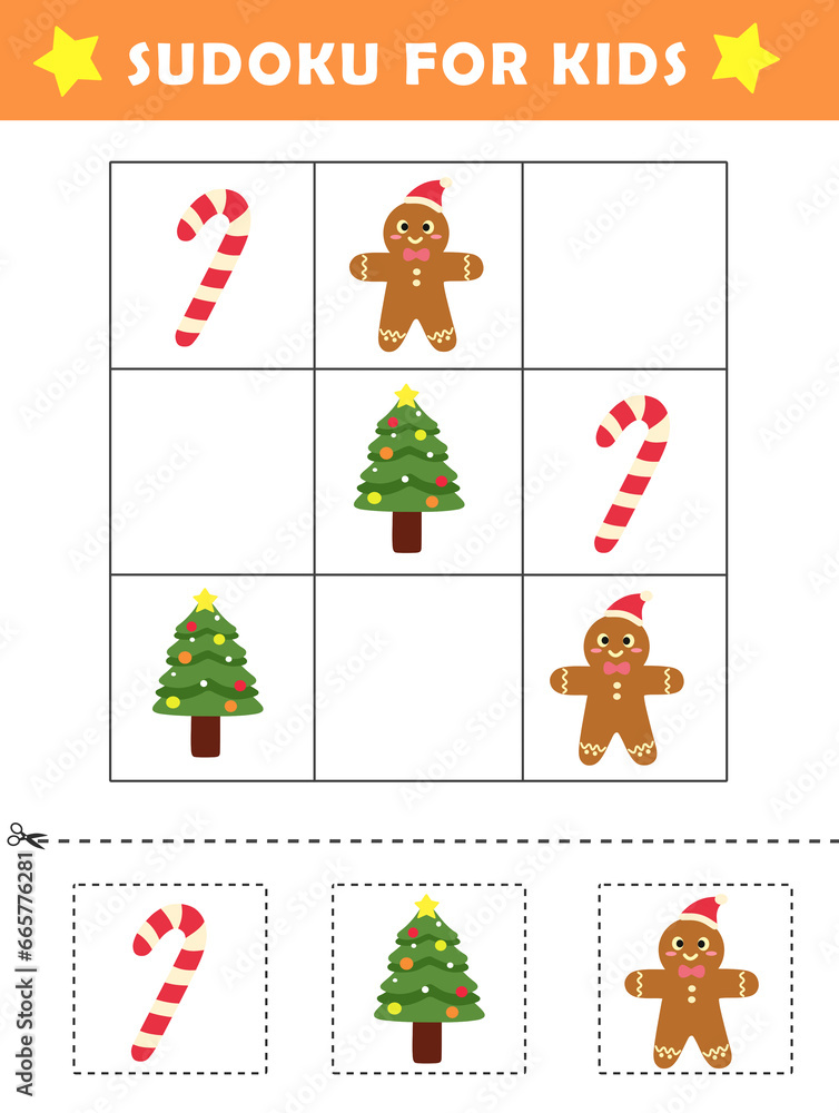 Naklejka premium Fun christmas sudoku puzzle. Christmas sudoku logical reasoning activity for kids. Children educational activity worksheet.