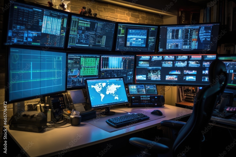 Multi monitor cybersecurity analyst workstation monitoring system with multiple screens Multi monitor cybersecurity analyst workstation monitoring system with multiple screens