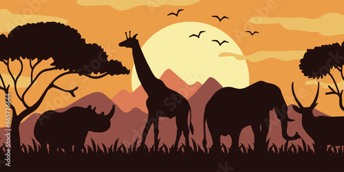 Silhouette of animals and trees in a savanna during the evening, against an African abstract  background

