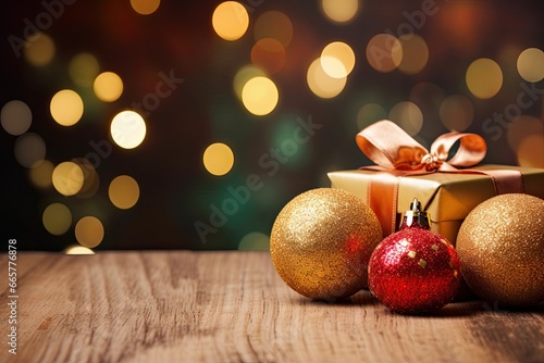 A set of Christmas decorations against a background of blurred lights