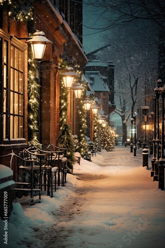 Night cityscape. A snowy street decorated for Christmas. Retro. Winter holidays, Christmas and New Year, postcard