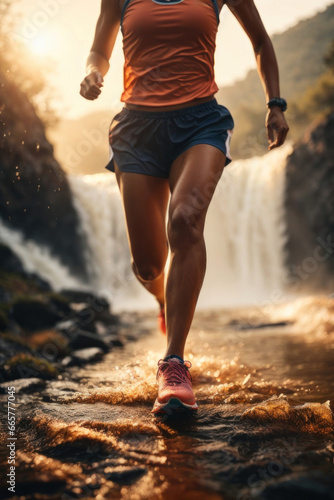 young american athlete girl runs in front of the waterfall
