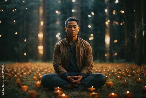 man meditating in the forest with candles © Alex