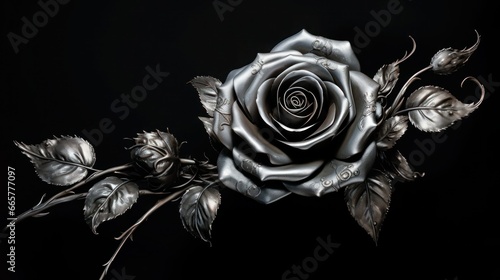 Fototapeta Naklejka Na Ścianę i Meble -  Beautiful silver rose in gothic style on black background, close-up.