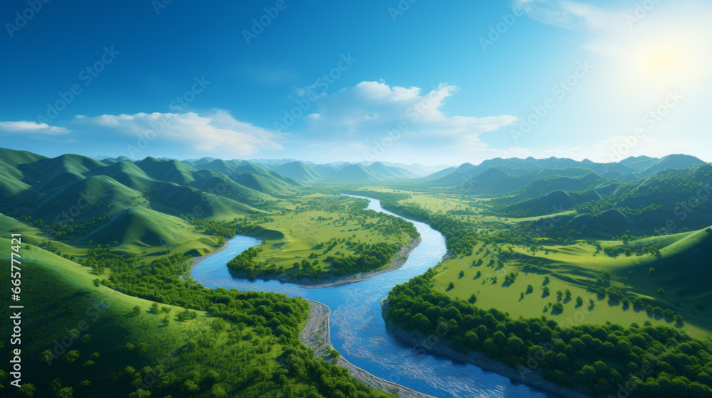 A meandering river flows through a lush, green valley, surrounded by rolling hills and distant mountains The sky is a brilliant, deep blue, and the sun is shining brightly