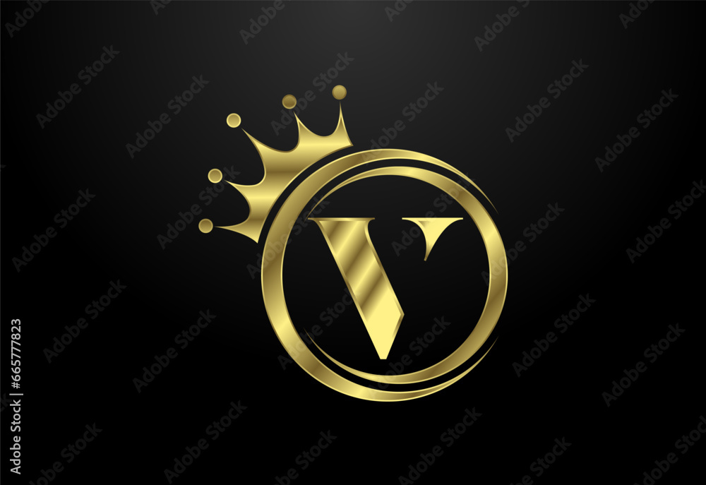 English alphabet V with a crown. Royal, King, queen luxury symbol. Font emblem. Vector illustration