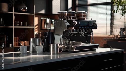 an Espresso machine in a modern kitchen setting  capturing its contemporary design and functionality.