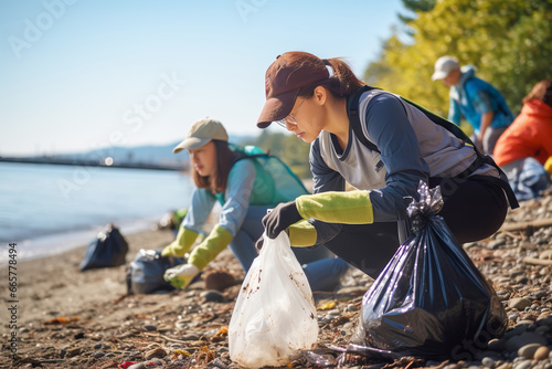 Group of volunteers helping to keep nature clean by collecting garbage into plastic bag photo