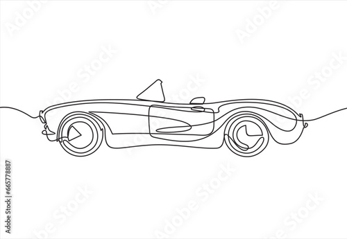 Close-up. Luxury car convertible. Machine without roof. One continuous drawing line drawn by hand on a white background.