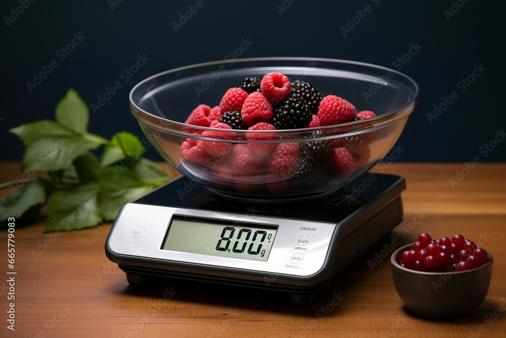 measuring cup with ripe berries on the scale - obrazy, fototapety, plakaty 