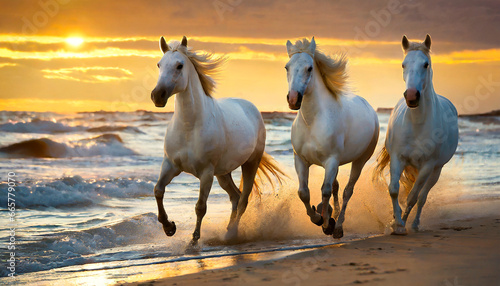 tre cavalli bianchi corrono ad alta velocità su una spiaggia dell'oceano al tramonto. La foto trasmette serenitò e pace ma anche determinazione photo
