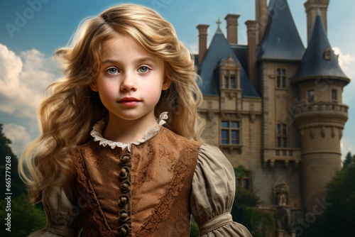 French child person french castle. Old travel. Generate Ai