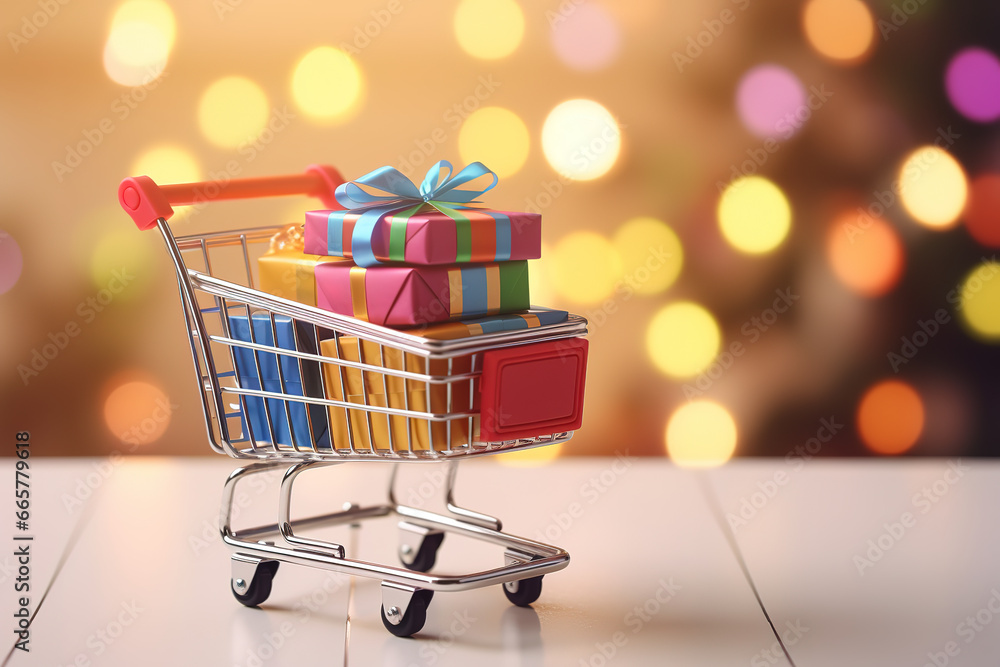 shopping cart with gift boxes