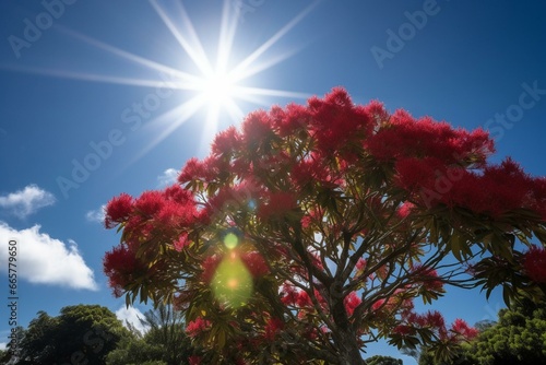 Blooming pohutakawa tree under sunny New Zealand summer skies. Generative AI