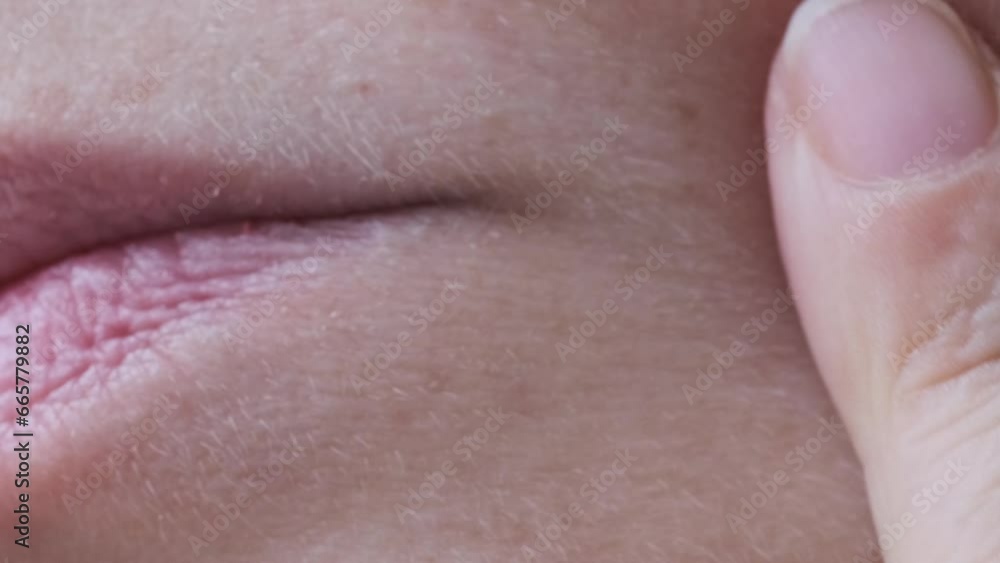 close up lips of mature female face, woman 50 years old carefully examines wrinkles around mouth, feeling nervous, manage stress, Women's Health and Self-Esteem, Exploring Age-Related Changes close up lips of mature female face, woman 50 years old carefully examines wrinkles around mouth, feeling nervous, manage stress, Women's Health and Self-Esteem, Exploring Age-Related Changes