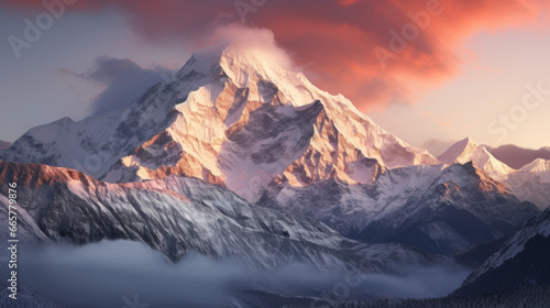 A majestic, snow-covered mountain range, with the sun setting over it © Textures & Patterns