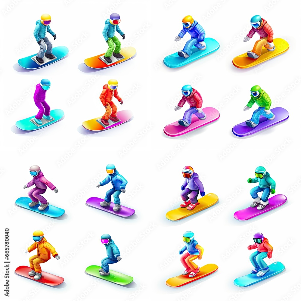 Naklejka premium 3D Snowboard Icon Set: 16 Colorful Matching Snowboards