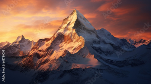 A majestic, snow-covered mountain range, with the sun setting over it © Textures & Patterns