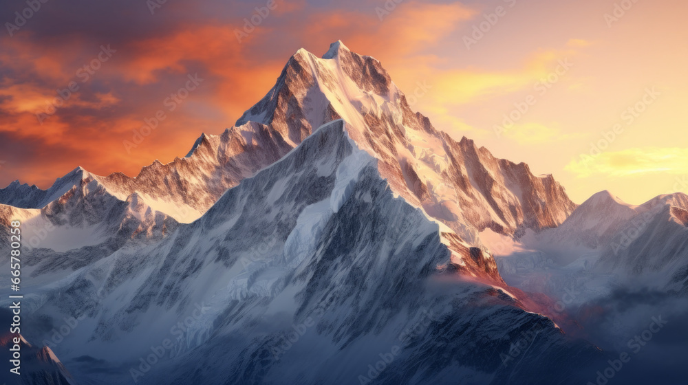 A majestic, snow-covered mountain range, with the sun setting over it