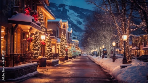 Colorado Christmas Lights: Magical Winter Town Decorated with Festive Christmas Lights in Vail, Colorado photo