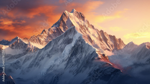 A majestic  snow-covered mountain range  with the sun setting over it