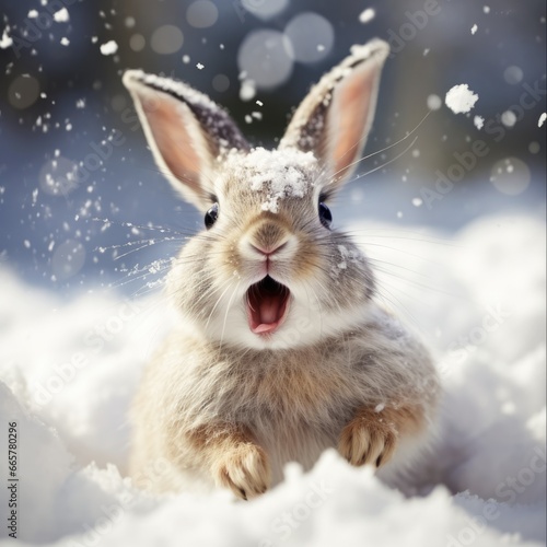 Excited Animals Frolicking in a Winter Wonderland. Festive Christmas Rabbits Enjoying the Snow